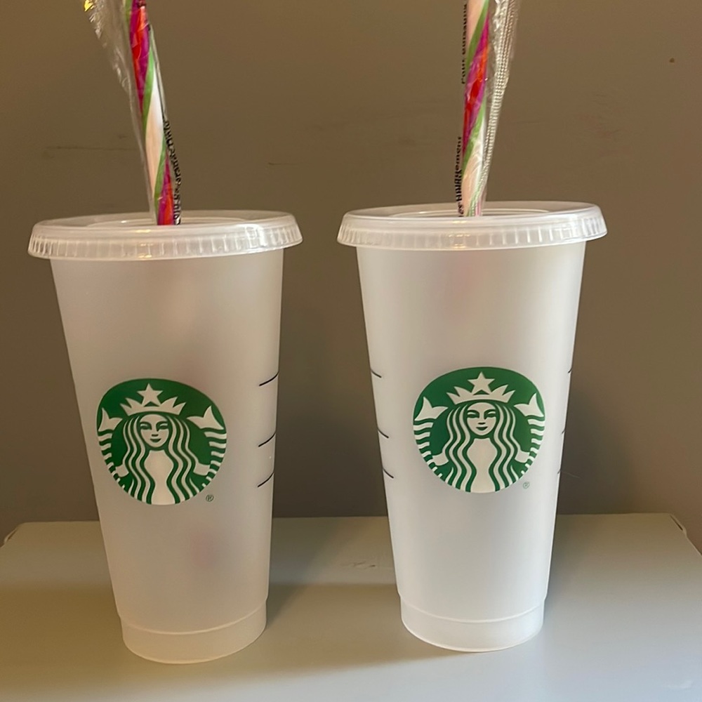 Set of 2 reusable Starbucks Cold Venti Cold Cups with colorful straw